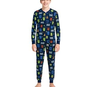 Youth Navy Blue Onesie Pajamas Eye Mask Game Over Gamer Atari Space Invaders XL